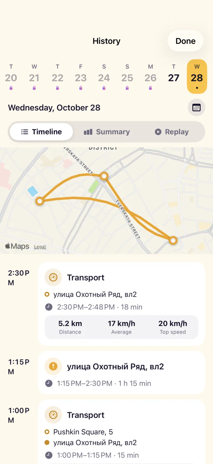 History: a week of days, a map of the trips and a timeline of stops with times, distance and speed